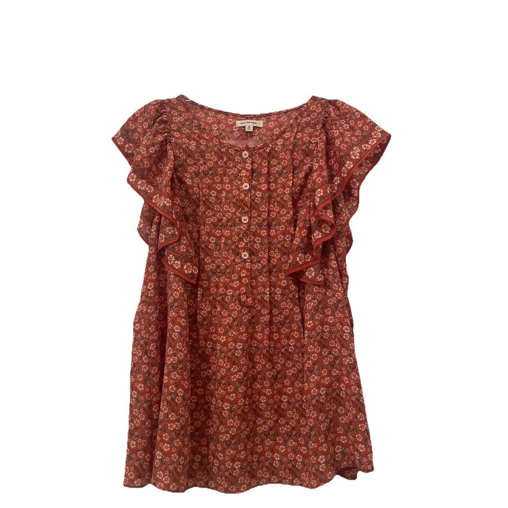 Max Studio Blouse M Medium Red Floral Top Ruffle Cottagecore Feminine Easter